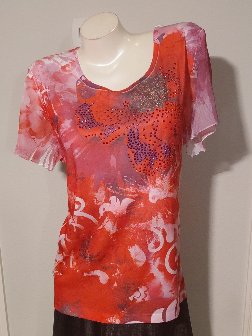 Floral JM Embellished Red & Pink Women's Top